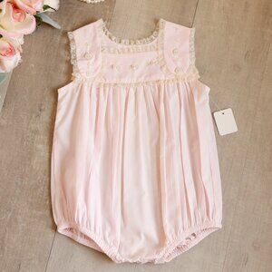 Pink Heirloom Bubble Romper Ivory Vintage Lace Hand Embroidery Boutique 12 Month